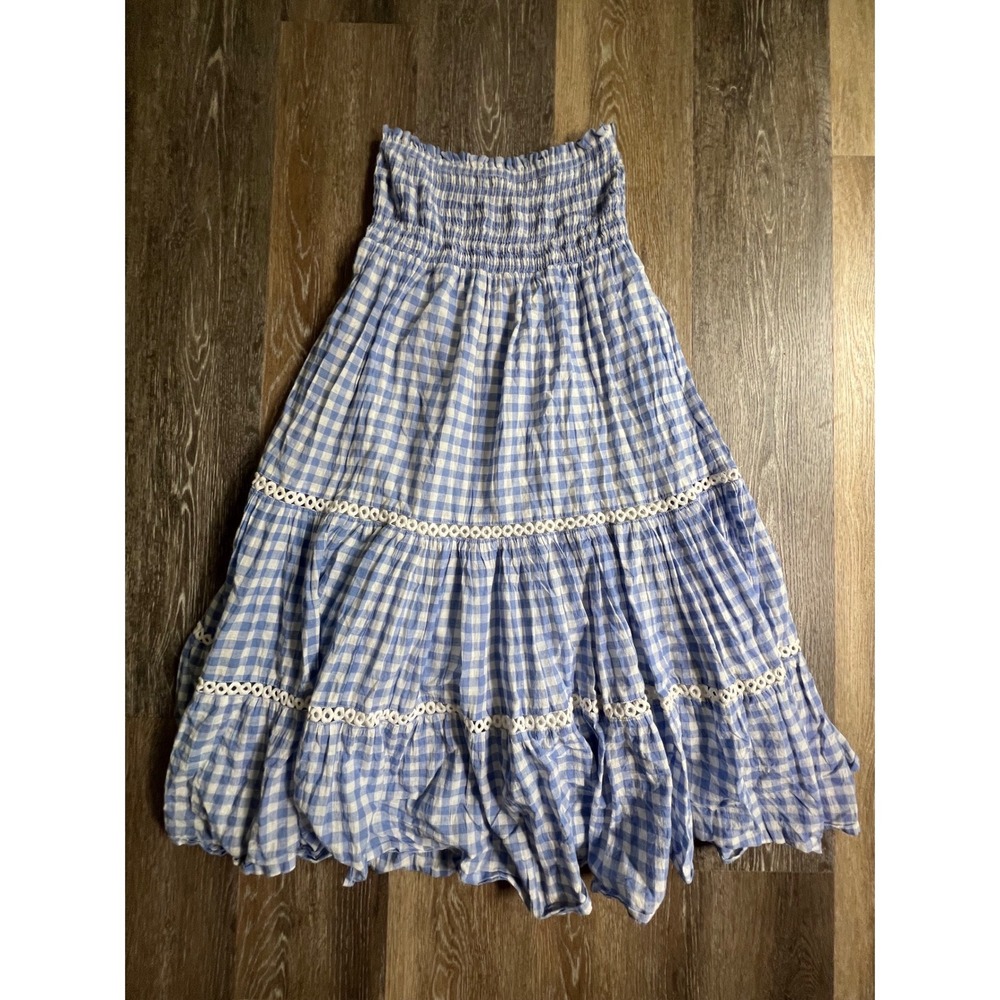 Olivia James The Label Gingham Maxi Skirt Womens Medium Blue White Eyelet Tiered - Picture 1 of 6